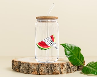 Palestine Watermelon Keffiyeh Glass Cup: Arabic Coffee Tumbler