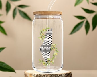 Keffiyeh Palestine Map Glass Cup with Lid & Straw