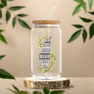 Palestine Kuffeyeh Glass Cup with Lid & Straw: Olive Vine Design