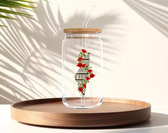 Keffiyeh Palestine Map Glass Cup with Lid & Straw