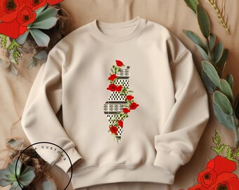 Kuffeyah Palestine Map Sweatshirt: Olive Vine & Poppy Flowers
