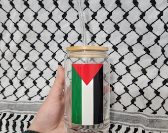 Palestine Flag Glass Cup with Lid & Straw