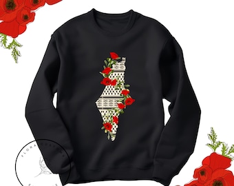 Kuffeyah Palestine Map Sweatshirt: Olive Vine & Poppy Flowers