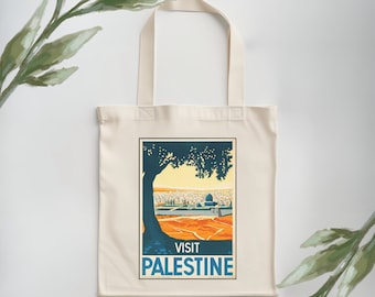 Retro visit Palestine tote bag, Palestine, Falasteen, Cotton Canvas tote bag, 15x16in, Palestine Merchandise