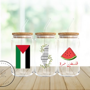 Lote de vasos de cristal de Palestina / Mercancía de Palestina / Falasteen / Regalos de Palestina / Sandía / فلسطين / Vaso de cristal con tapa y pajita / Keffiyeh