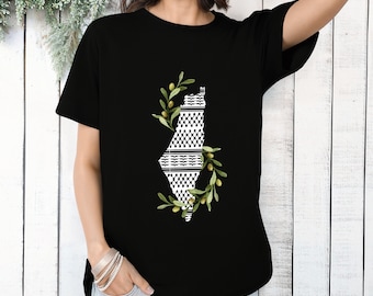 Palestine Map T-shirt: Kuffeyeh Pattern & Olive Vine Design