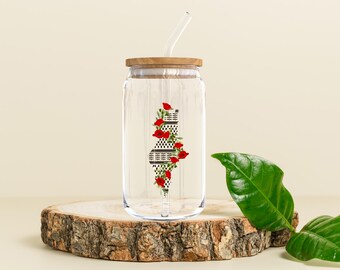 Keffiyeh Palestine Glass Cup with Lid & Straw