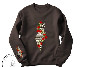 Kuffeyah Palestine Map Sweatshirt: Olive Vine & Poppy Flowers