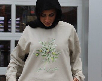 Palestinian Olives Sweatshirt: Arabic Script, Sand Color Crewneck