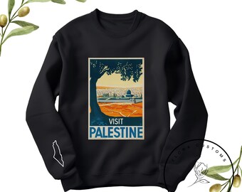 Visit Palestine Crewneck Sweatshirt: Sandy Colors, Cultural Design