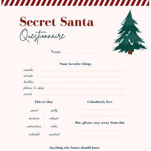 Digital Download Secret Santa Questionnaire, Printable, Office Party, Secret Santa, PDF Print, Christmas Wishlist, Gift Giving Survey