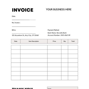 Puede incluir: Una plantilla de factura en blanco con campos para la fecha, el número de factura, la factura a, la descripción del artículo, el precio, la cantidad, el total y el método de pago. La plantilla incluye la información de contacto de la empresa, incluido el número de teléfono, la dirección de correo electrónico y el sitio web.