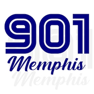 May include: A graphic design featuring the bold, dark blue numbers 901 in a stylized font with a double-line effect. Below the numbers, the word Memphis is written in a dark blue cursive script font, with a faint, semi-transparent version below it.