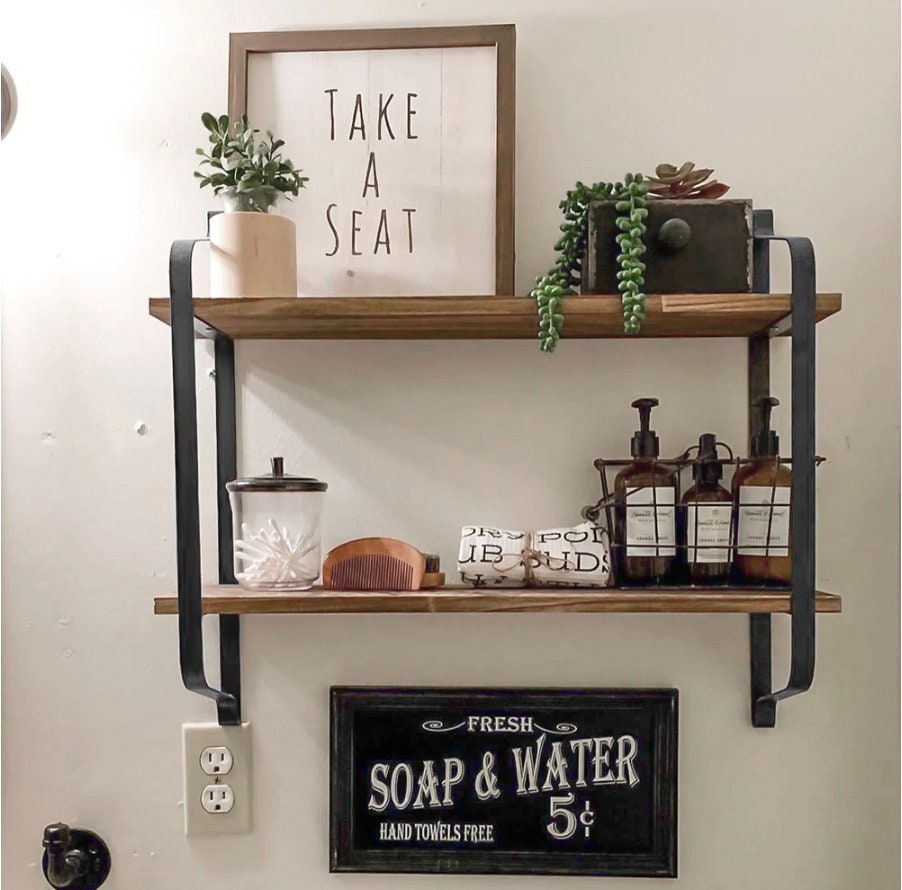 RICHER HOUSE Floating Shelves with Guardrail, Rustic Wood Shelves for Wall  Décor, Farmhouse Bathroom Accessories Wall Mounted, Bathroom Wall Organizer