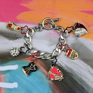 Juicy Couture Y2K Silver Plated Chunky Vintage Charm Bracelet w/ Large Red/Black/Gold Charms