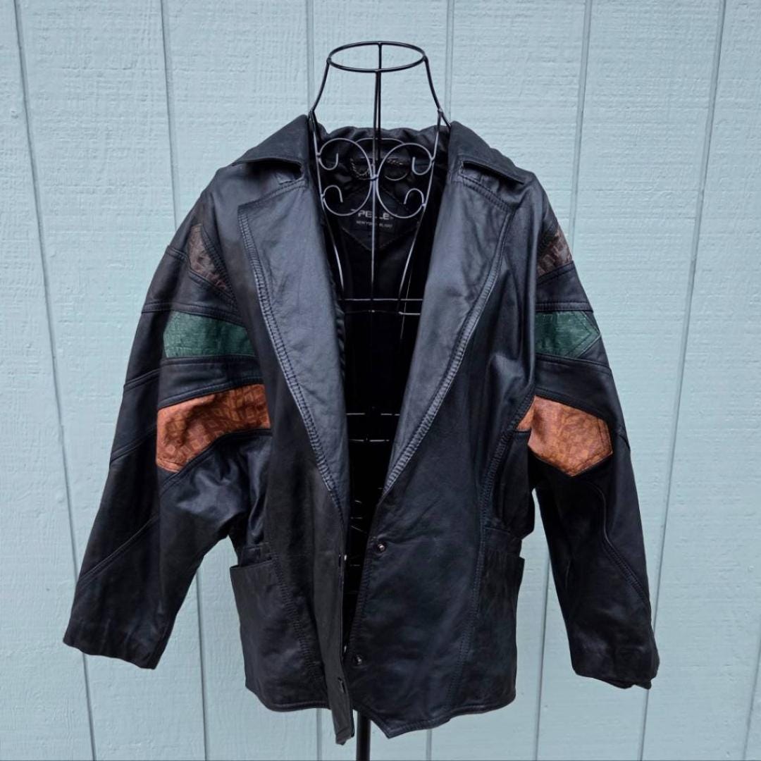 80s-90s Vintage Pelle Leather Jacket, Colorful Accents - Mens