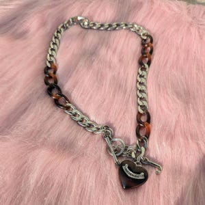 Juicy Couture Y2K Root Beer Tortoiseshell Silvertone Puffy Heart Starter Vintage Charm Necklace