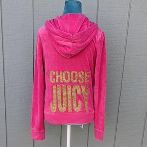 Juicy Couture Y2K &quot;Choose Juicy&quot; Barbie Hot Pink Velour Glitter Tracksuit Hoodie. Medium