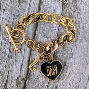Juicy Couture Y2K Gold-tone and Black Linked Heart Vintage Charm Bracelet