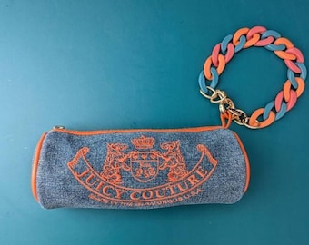 Juicy Couture Y2K Scottie Dog Denim Blue & Orange Small Barrel Upcycled Wristlet.