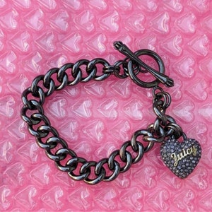 Juicy Couture Y2K Metallic Gunmetal Heart Crystal Pave Starter Charm Bracelet