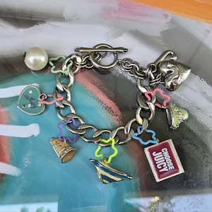 Juicy Couture Y2K Silver Tone Puffy Heart Starter Vintage Charm Bracelet w/ Pastel Charms