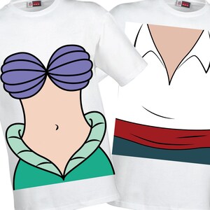 May include: Two white t-shirts with cartoon graphics. One features a purple seashell bra, a light skin tone, and a green collar. The other has a white shirt with a red and blue sash design.