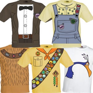 Op de afbeelding: Een verzameling van vijf grafische t-shirts met ontwerpen geïnspireerd op de film "Up". De shirts tonen een smoking, een overall, een scoutuniform, een harig wezen en een vogel. Elk shirt heeft een uniek ontwerp met levendige kleuren en details.
