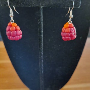 May include: A pair of dangle earrings with a raspberry design. The earrings are made of polymer clay and have a red, orange, and pink color scheme.