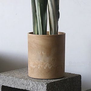 Puede incluir: Un macetero cilíndrico de color marrón claro con un patrón de mármol. El macetero está hecho de un material liso y texturizado y tiene un fondo ligeramente redondeado. Una planta verde con rayas blancas está creciendo en el macetero.