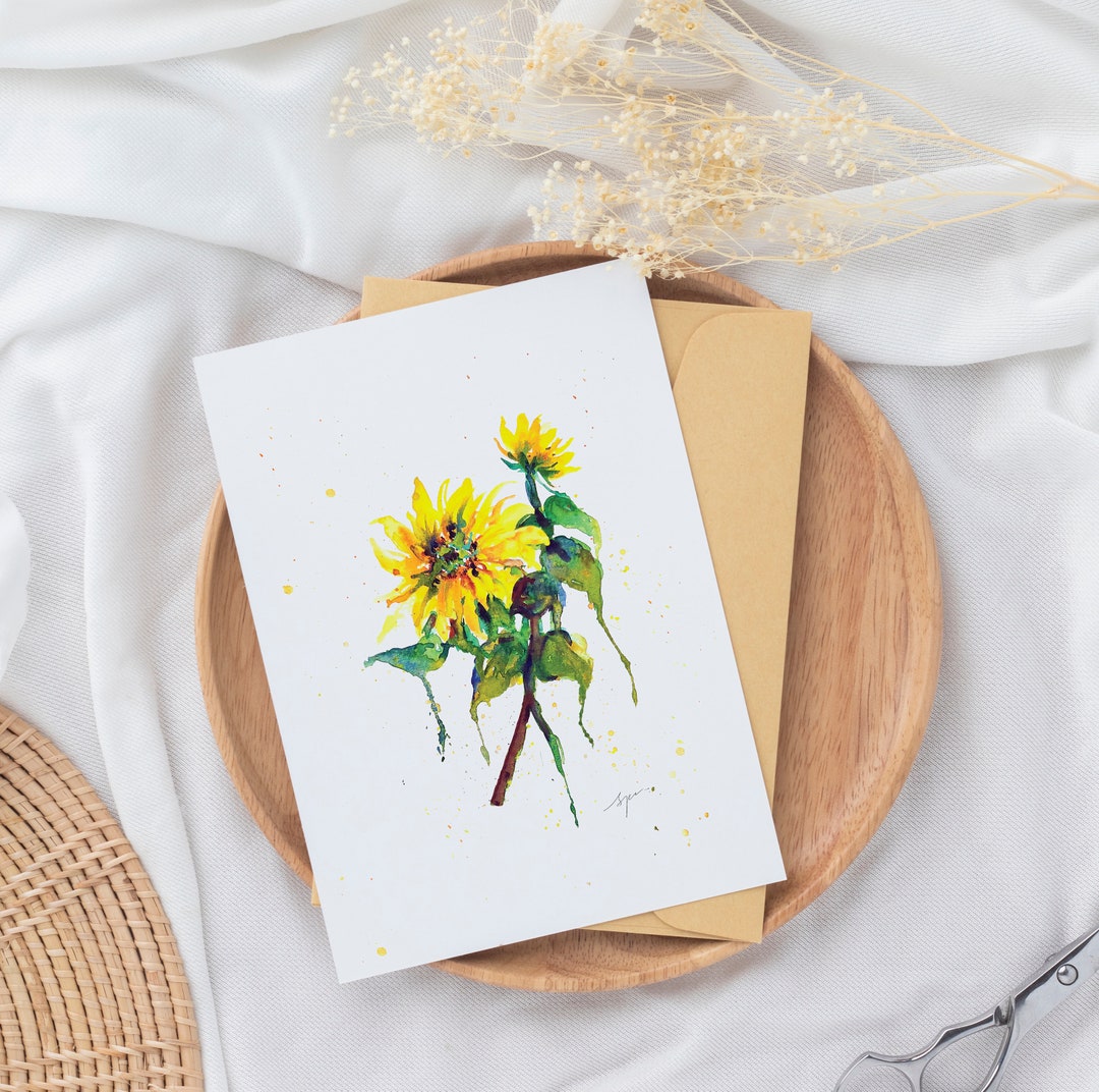 Watercolor Greeting Card Birthday Card Thank You Card - Sunflowers - Etsy