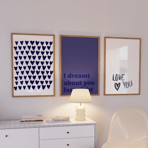Set of 3 Wall Art Prints For Bedroom Wall Decor Blue, Heart Wall Print, Bedroom Wall Art Over The Bed, Wall Art Living Room Decor Cute