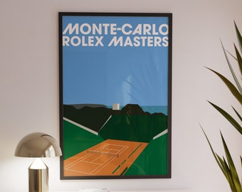 May include: A black framed poster with a blue sky, green hills, and a tennis court. The poster reads "Monte-Carlo Rolex Masters".