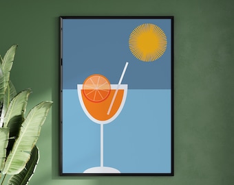 Aperol Spritz Poster Palme Frühling Kunstdruck Retro Barwagen Dekor Bunt Küchenposter Mid Century Modern Digitaler Download Küchendeko