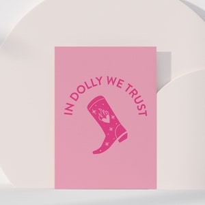 Dolly Parton Gift Card In Dolly We Trust, Postcard Art Prints, Greeting Cards, Dolly Parton Invitation Pink, Notecards, Dolly Parton Party