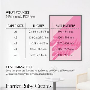 May include: A digital print listing showing five PDF files in sizes A1 through A5. The chart lists dimensions in inches and millimeters. A framed pink poster with the text Howdy Yall is displayed. The text Harriet Ruby Creates is at the bottom.