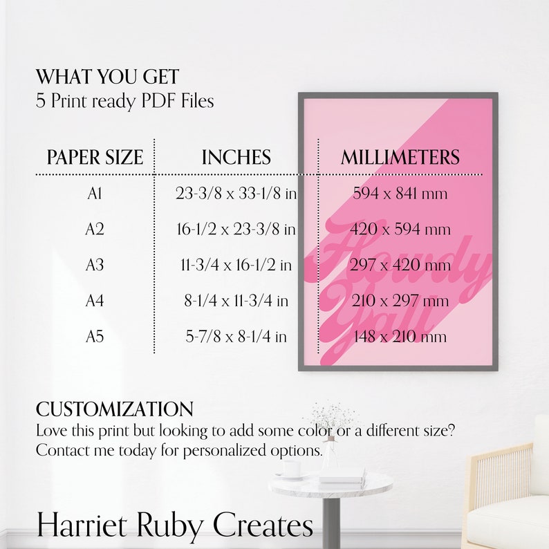 May include: A digital print listing showing five PDF files in sizes A1 through A5. The chart lists dimensions in inches and millimeters. A framed pink poster with the text Howdy Yall is displayed. The text Harriet Ruby Creates is at the bottom.
