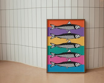Sardines Print Sardine Tin Vintage Poster Retro Rainbow Sardine Wall Art Fish Print Eclectic Wall Art Colorful Kitchen Art Maximalist Poster
