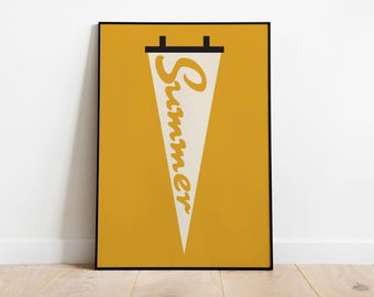 May include: A framed rectangular wall art print featuring a mustard yellow background and a centred white triangular pennant. The pennant displays the word Summer in a cursive mustard yellow font and is suspended from a black horizontal bar.