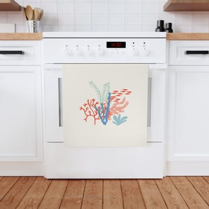 Vibrant Coral Print Cotton Tea Towel, Kitchen Decor, Gift for Home Chefs, Beach House Decor, Eco-Friendly Dish Cloth Housewarming Gift