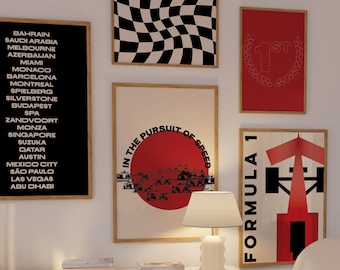 Gallery Wall Set Formula 1 Wall Art Game Room F1 Poster Digital, F1 Poster Red, Formula 1 Vintage Wall Art Printable, Motorsport Poster