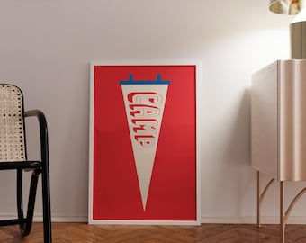 May include: A framed rectangular wall art piece featuring a white triangular pennant centred on a solid red background. The pennant displays the word CAMP in bold, red, block-style lettering with a blue horizontal bar at the top edge.