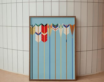 May include: A rectangular framed wall art print featuring a light blue background with eight vertical arrows arranged in a row. Each arrow has distinct colourful fletching patterns in shades of yellow, white, red, green, blue, and orange.