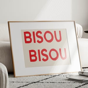 French Artwork Kiss Bisou Poster Print Typographic Print Trendy Red Girly Wall Art, Bedroom Dorm Room Aesthetic Handwritten Quote