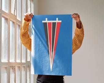 May include: A rectangular poster featuring a solid blue background with a centred graphic design. The design consists of a white horizontal bar at the top with two small vertical tabs, and a downward-pointing triangle divided into three vertical sections of black, white, and red.