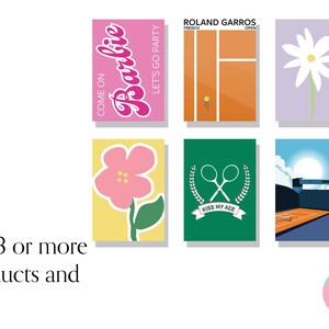 May include: Six rectangular art prints featuring diverse designs: a pink Barbie poster, an orange Roland Garros tennis court, a white daisy on lavender, a pink flower on yellow, a green tennis racket graphic with text, and a tennis court landscape.