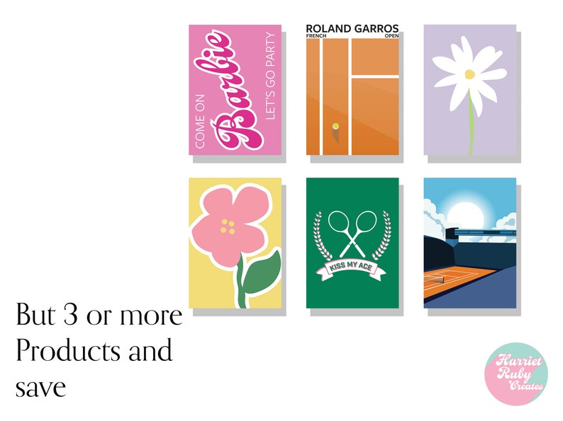 May include: Six rectangular art prints featuring diverse designs: a pink Barbie poster, an orange Roland Garros tennis court, a white daisy on lavender, a pink flower on yellow, a green tennis racket graphic with text, and a tennis court landscape.