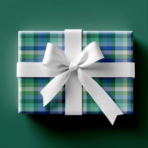 May include: A wrapped gift box with a white satin ribbon and bow. The gift wrap has a plaid pattern in shades of blue, green, and white. The background is a solid dark green.