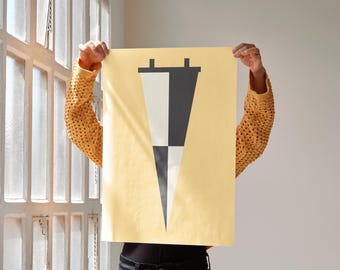 May include: A rectangular poster with a pale yellow background featuring a centred graphic of a vertical pennant. The pennant is divided into four alternating triangular sections of cream and dark charcoal grey, suspended from a horizontal bar.