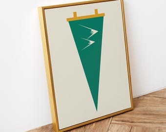 May include: A framed wall art print featuring a dark green triangular pennant hanging from a mustard yellow rod. The pennant displays two white stylised mountain peaks on its surface, set against a solid light beige background within a gold frame.